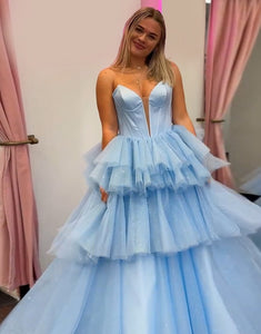 Blue A-Line Strapless Tulle Cascading Ruffles Prom Dress