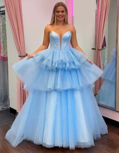 Blue A-Line Strapless Tulle Cascading Ruffles Prom Dress