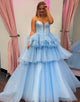 Blue A-Line Strapless Tulle Cascading Ruffles Prom Dress