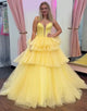 Blue A-Line Strapless Tulle Cascading Ruffles Prom Dress