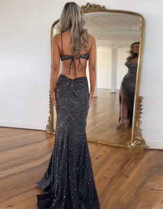 Mermaid Spaghetti Crystal Hollow Prom Dress with Slit