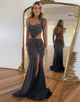 Mermaid Spaghetti Crystal Hollow Prom Dress with Slit