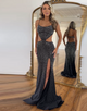 Mermaid Spaghetti Crystal Hollow Prom Dress with Slit