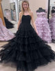 Black Sweetheart A-Line Tulle Tiered Prom Dress with Floor Length