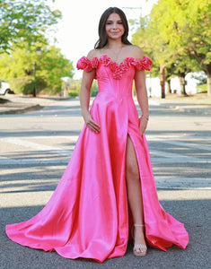 Off The Shoulder Flower A-Line Prom Dress with Slit