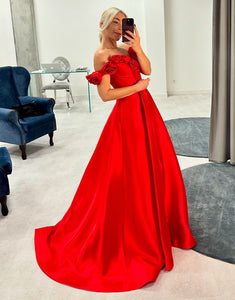 Off The Shoulder Flower A-Line Prom Dress with Slit