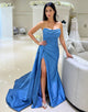 Blue Strapless Bateau-Neck Ruched Prom Dress with Slit