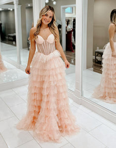 Pink Spaghetti A-Line Tiered Tulle Prom Dress with Floor Length