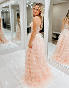 Pink Spaghetti A-Line Tiered Tulle Prom Dress with Floor Length