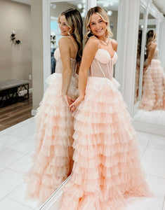 Pink Spaghetti A-Line Tiered Tulle Prom Dress with Floor Length