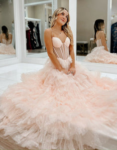 Pink Spaghetti A-Line Tiered Tulle Prom Dress with Floor Length