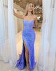 Blue Bateau Neck Mermaid Lace Applique Tulle Prom Dress with Slit