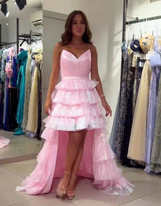 Pink V-Neck A-Line Hi-Lo Tulle Prom Dress with Sweep Train