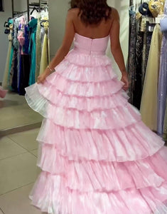 Pink V-Neck A-Line Hi-Lo Tulle Prom Dress with Sweep Train