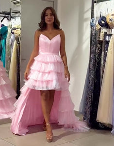 Pink V-Neck A-Line Hi-Lo Tulle Prom Dress with Sweep Train