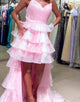 Pink V-Neck A-Line Hi-Lo Tulle Prom Dress with Sweep Train