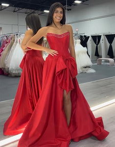 A-Line Bateau Neck Bow Prom Dress with Slit