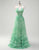 Green Halter Neck Flower Printed A-Line Tiered Long Prom Dress with Slit