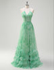 Green Halter Neck Flower Printed A-Line Tiered Long Prom Dress with Slit