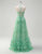 Green Halter Neck Flower Printed A-Line Tiered Long Prom Dress with Slit