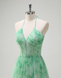 Green Halter Neck Flower Printed A-Line Tiered Long Prom Dress with Slit