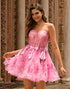 Strapless Pink Corset Floral A-Line Homecoming Dress With Bow