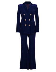 Navy Peaked Lapel Double Breasted Slim Fit Velvet Women Suit