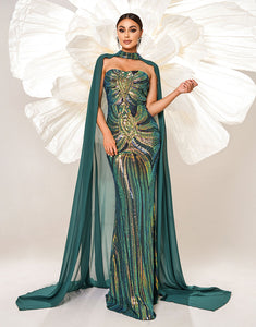 Green Mermaid Strapless Sequin Prom Dress with Round Neck Cape