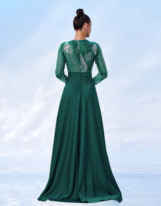 Green A-Line Long Sleeve Sequin Prom Dress with Sweep Train