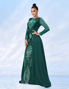 Green A-Line Long Sleeve Sequin Prom Dress with Sweep Train