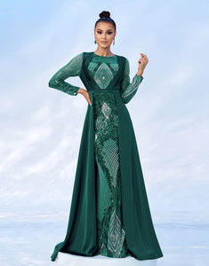 Green A-Line Long Sleeve Sequin Prom Dress with Sweep Train