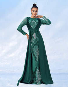 Green A-Line Long Sleeve Sequin Prom Dress with Sweep Train