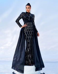 Black Mermaid Long Sleeve Sequin Tulle Cloak Prom Dress