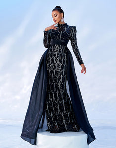 Black Mermaid Long Sleeve Sequin Tulle Cloak Prom Dress