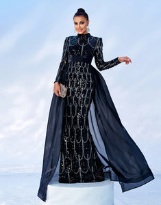 Black Mermaid Long Sleeve Sequin Tulle Cloak Prom Dress