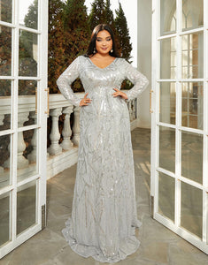 Grey A-Line V-Neck Long Sleeve Sequin Prom Dress with Sweep Train