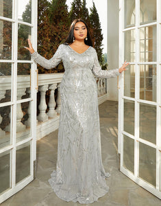 Grey A-Line V-Neck Long Sleeve Sequin Prom Dress with Sweep Train