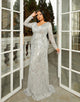 Grey A-Line V-Neck Long Sleeve Sequin Prom Dress with Sweep Train