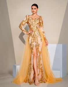 Golden Mermaid V-Neck Long Sleeve Sequin Prom Dress with Sweep Train