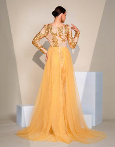 Golden Mermaid V-Neck Long Sleeve Sequin Prom Dress with Sweep Train