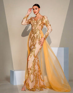 Golden Mermaid V-Neck Long Sleeve Sequin Prom Dress with Sweep Train