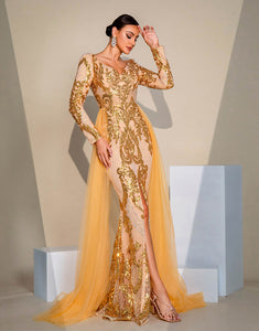 Golden Mermaid V-Neck Long Sleeve Sequin Prom Dress with Sweep Train