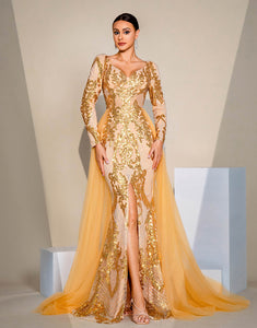 Golden Mermaid V-Neck Long Sleeve Sequin Prom Dress with Sweep Train