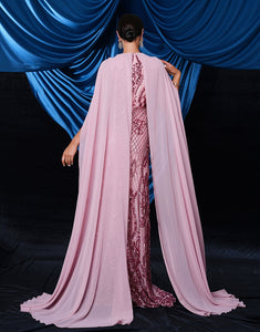 Pink A-Line  Sleeveless Tulle Cloak Sequin Slit Prom Dress