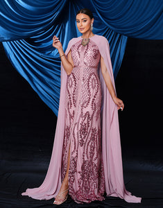 Pink A-Line  Sleeveless Tulle Cloak Sequin Slit Prom Dress