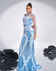 Light Blue Mermaid Crew Neck Tulle Long Sleeve Sequin Prom Dress