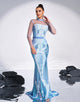 Light Blue Mermaid Crew Neck Tulle Long Sleeve Sequin Prom Dress