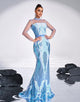 Light Blue Mermaid Crew Neck Tulle Long Sleeve Sequin Prom Dress