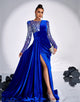 Royal Blue Mermaid Crew Neck Tulle Sequin Applique Slit Prom Dress