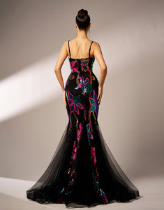 Black Mermaid Spaghetti Tulle Print Prom Dress with Floor Length